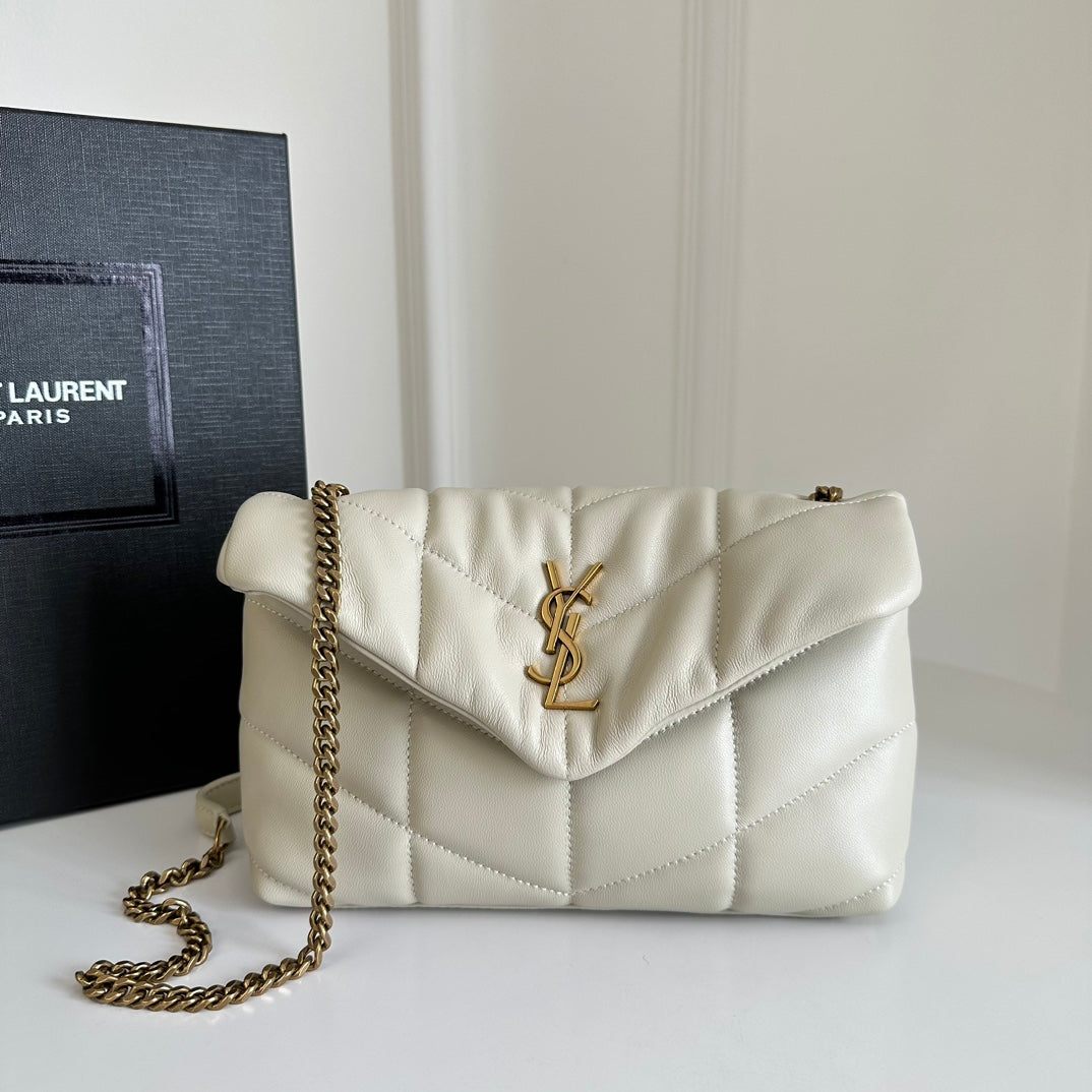 YSL Loulou Puffer Toy Bag In Quilted Lambskin White Size 23x15.5x8.5