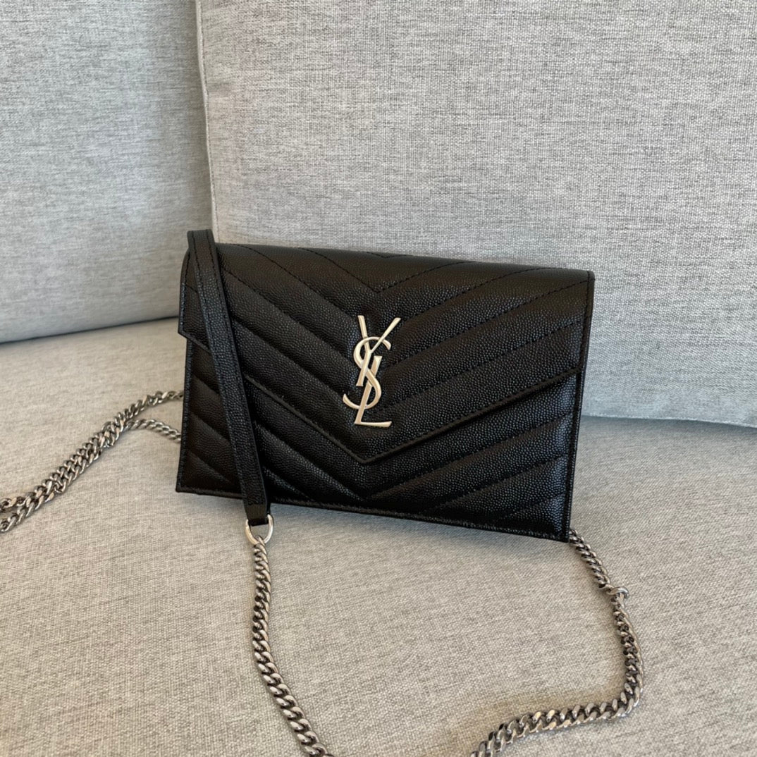 YSL Cassandre Envelope Chain Wallet Black Grain Leather 19x11.5x4 cm