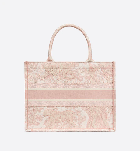 MEDIUM D BOOK TOTE Pink Toile de Jouy Embroidery (36 x 27.5 x 16.5 cm)