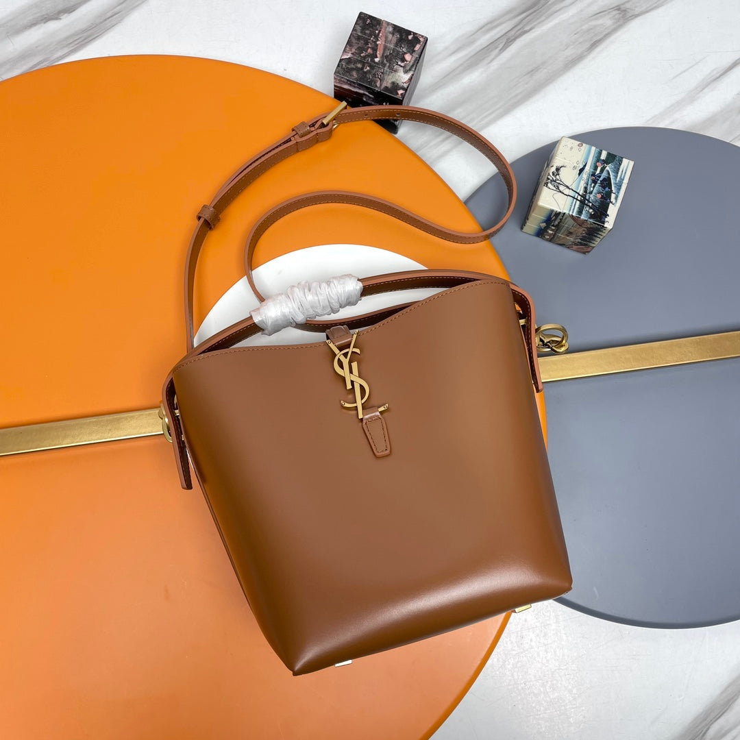 SAINT LAURENT LE 37 Mini Shiny Leather Bucket Bag Brown