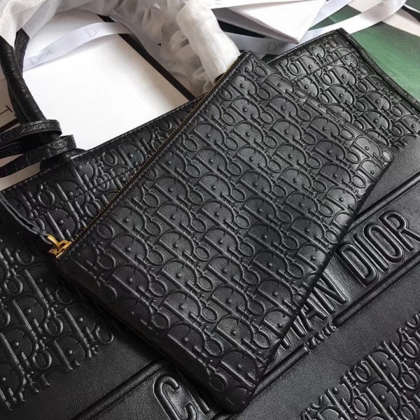 D Book Tote Bag In Black Oblique Embossed Calfskin