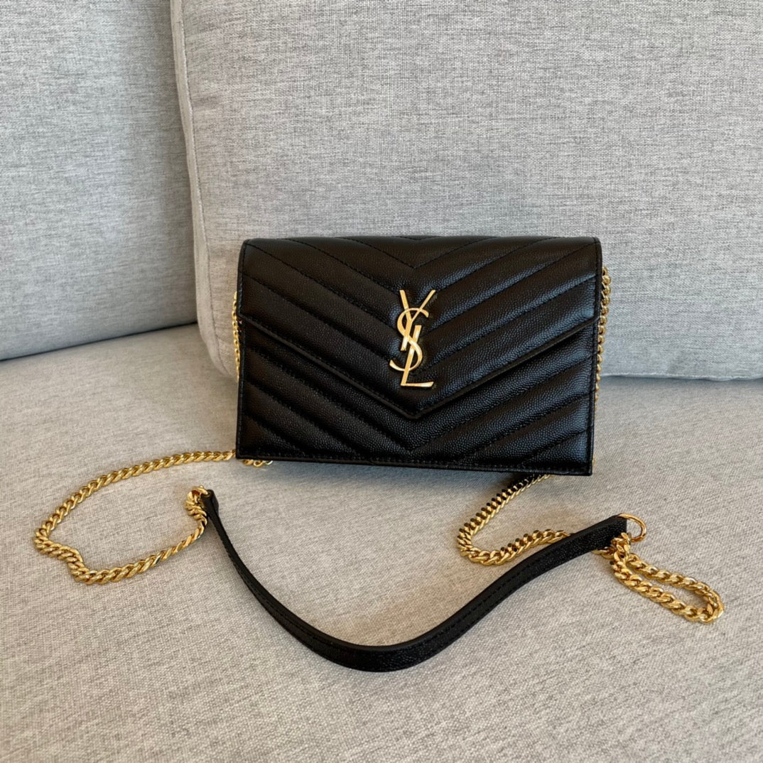YSL Cassandre Envelope Chain Wallet Black Grain Leather Golden Hardware 19 cm