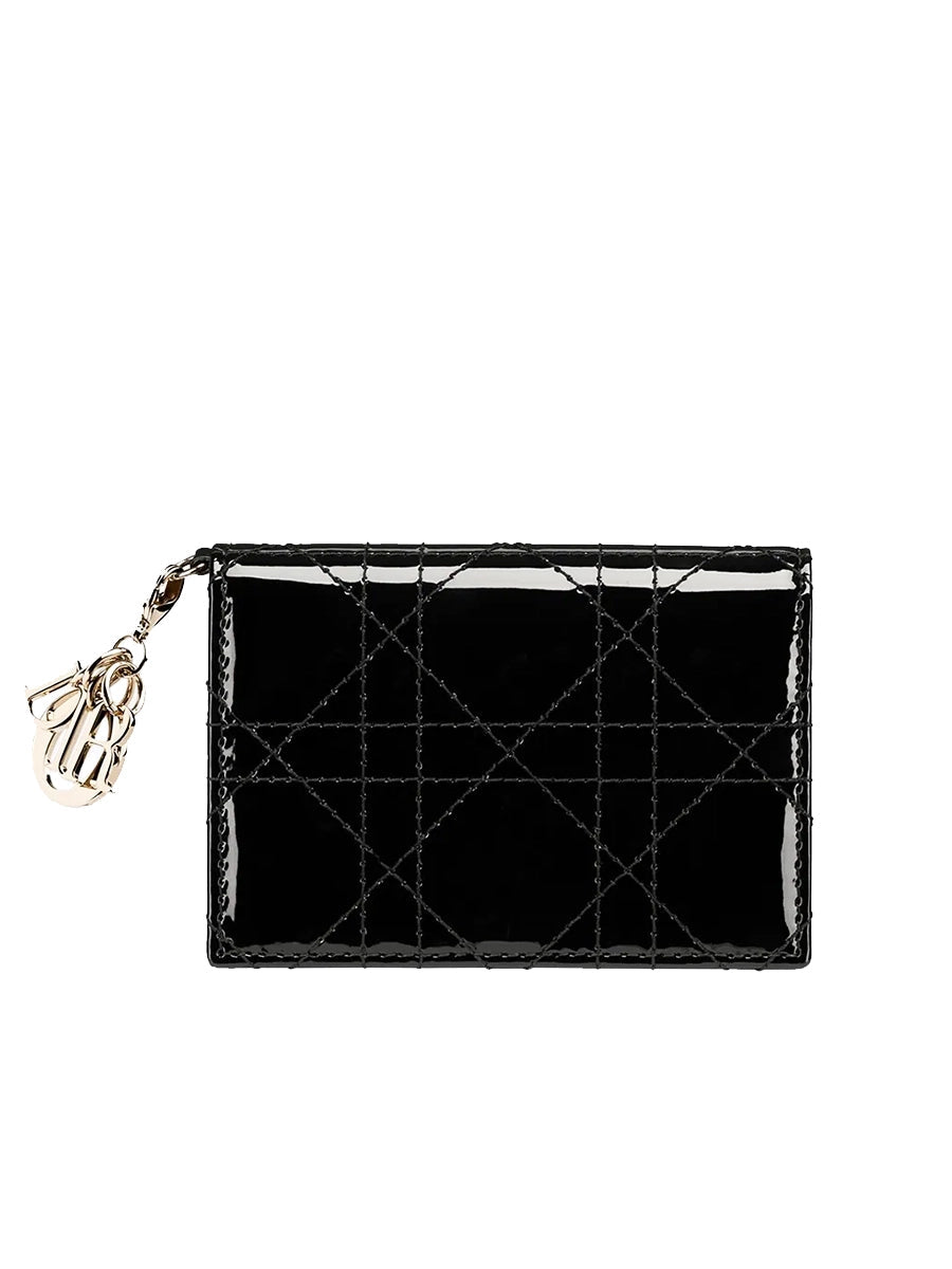 D Lady D Flap Card Holder in Black Patent Cannage Lambskin