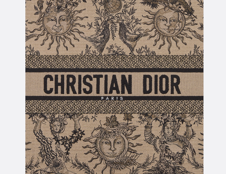 D Book Tote Beige and Black Toile de Jouy Soleil Embroidery