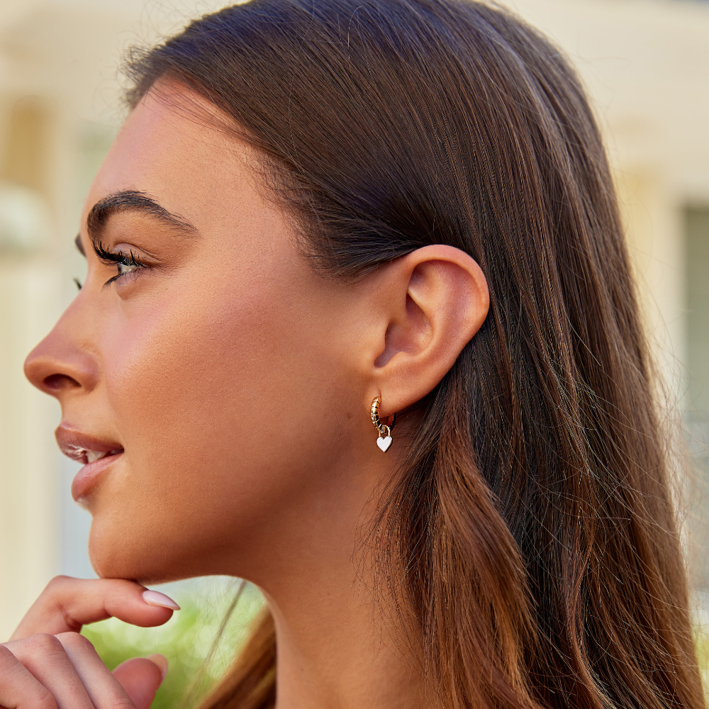 White Opal Heart Hoop Earrings