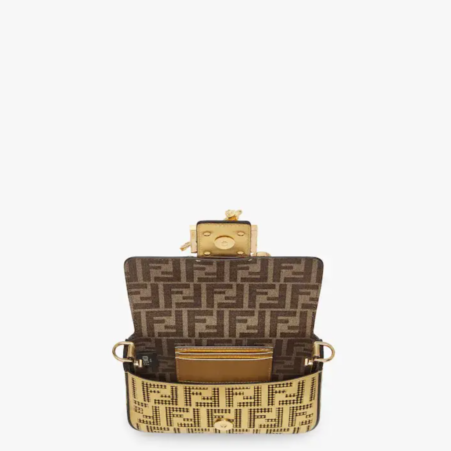 Brooch mini baguette �C Fendace bag in gold perforated leather