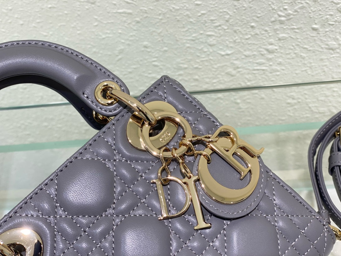 Lady Dior Bag Latte Cannage Lambskin Bag Grey 17x15x7cm