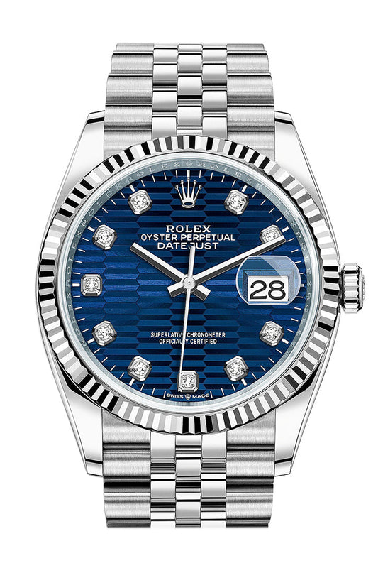 Rlx Datejust 36 Bright Blue Fluted Diamond Dial Fluted Jubilee Watch 126234