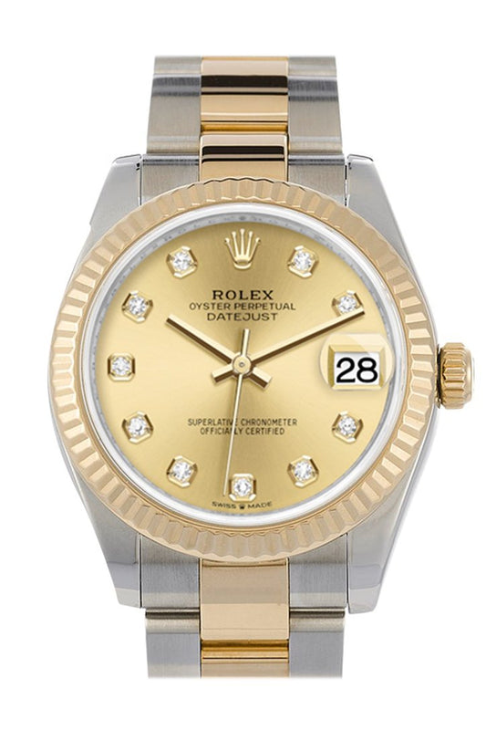 Rlx Datejust 31 Champagne Diamond Dial Fluted Bezel 18K Yellow Gold Two Tone Watch 278273