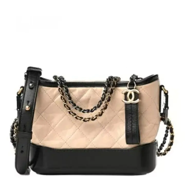 CC Aged Calfskin Quilted Small Gabrielle Hobo Beige Black