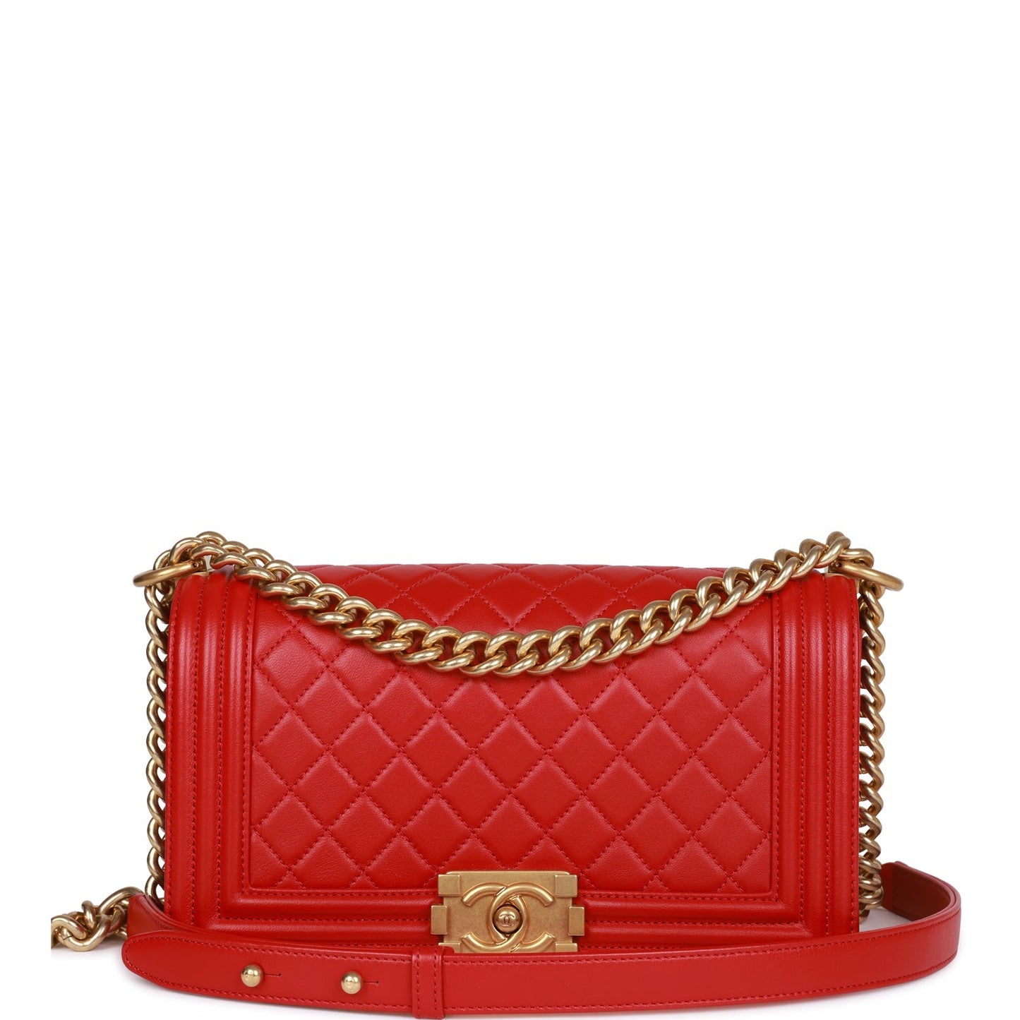 CC Medium Boy Bag Red Lambskin Antique Gold Hardware