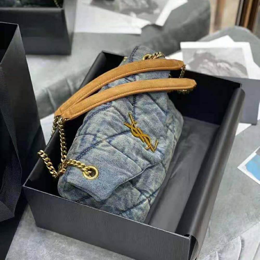 Y Puffer Small Bag in Quilted Vintage Denim and Suede