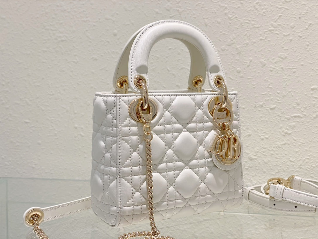 Lady Dior Bag Latte Cannage Lambskin Bag White 17x15x7cm