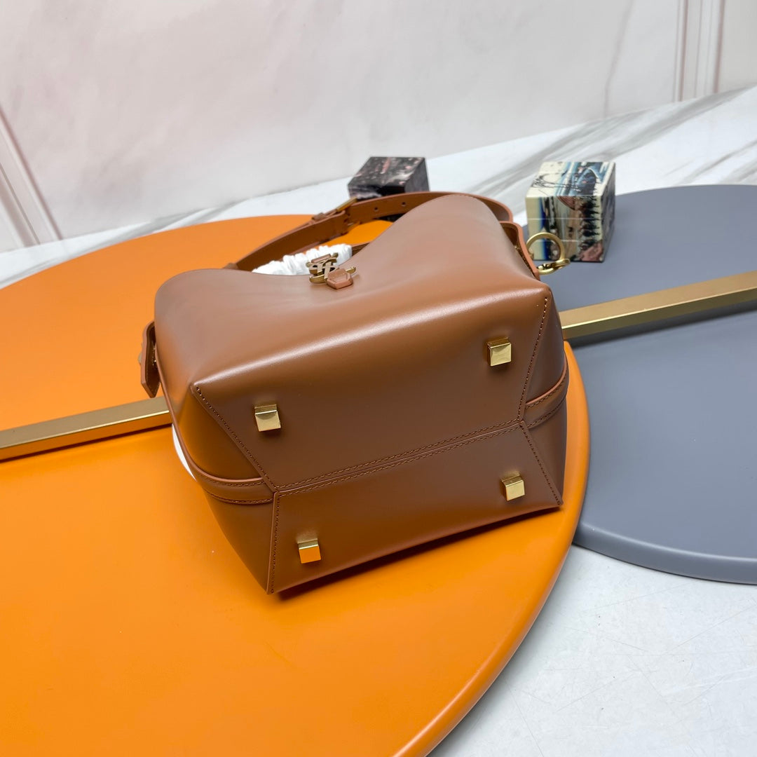 SAINT LAURENT LE 37 Mini Shiny Leather Bucket Bag Brown