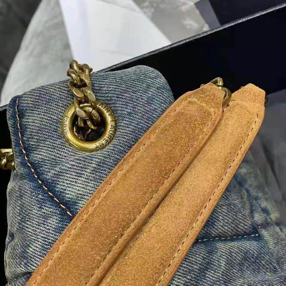 Y Puffer Small Bag in Quilted Vintage Denim and Suede