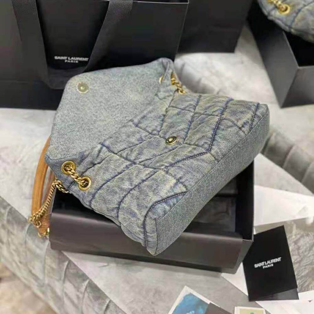 Y Puffer Small Bag in Quilted Vintage Denim and Suede