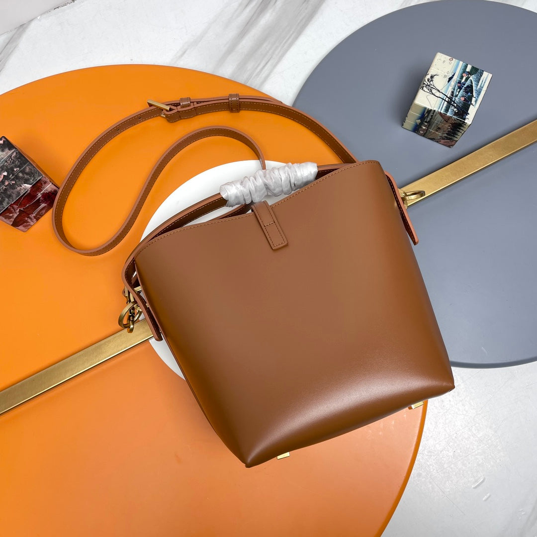 SAINT LAURENT LE 37 Mini Shiny Leather Bucket Bag Brown