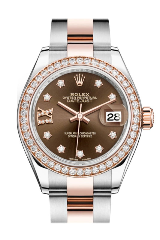 Rlx Datejust 28 Chocolate Large VI Diamonds Dial Diamond Bezel Rose Gold Two Tone Watch 279381RBR 279381