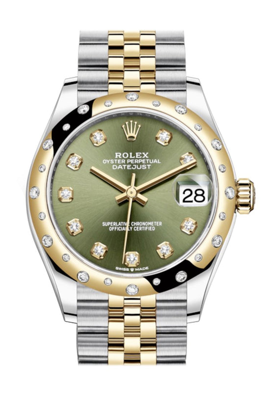 Rlx Datejust 31 Olive Green Diamonds Dial Diamond Bezel Jubilee Yellow Gold Two Tone Watch 278341RBR 278343 NP