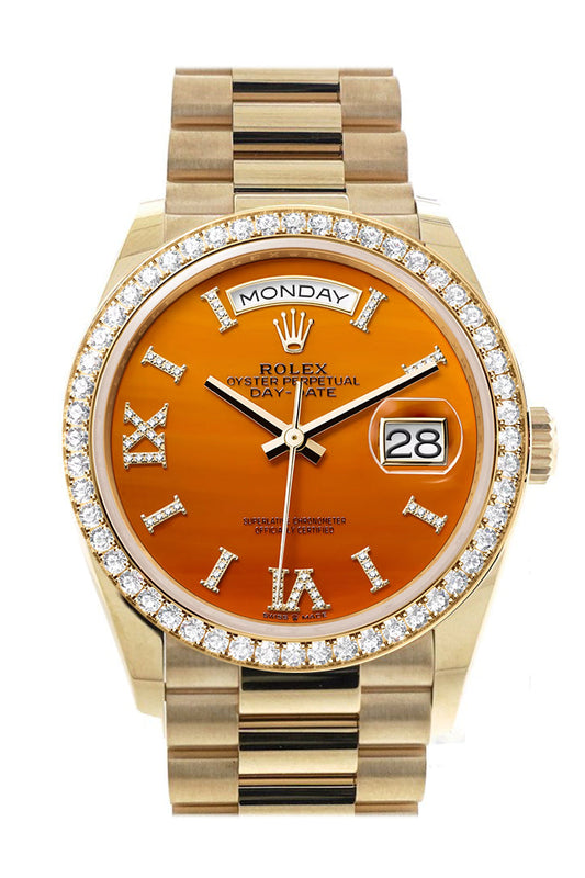 RLX Day-Date 36 Carnelian Dial Gold Diamond Bezel Watch 128348RBR-0049 128348RBR