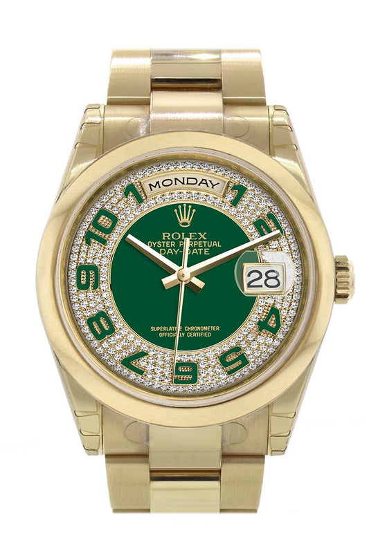 RLX Day-Date 36 Green Diamonds paved Dial Yellow Gold Watch 118208