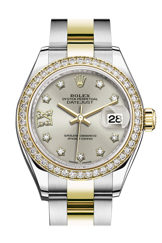 Rlx Datejust 28 Silver Diamond Star Dial Diamond Bezel Yellow Gold Ladies Watch 279383RBR 279383