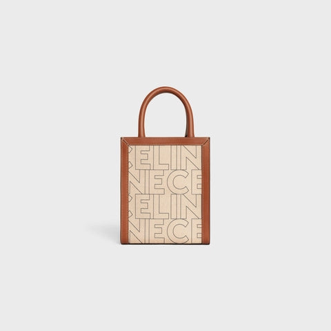 MINI VERTICAL CABAS CE IN TEXTILE WITH CE ALL-OVER PRINT NATURAL / TAN