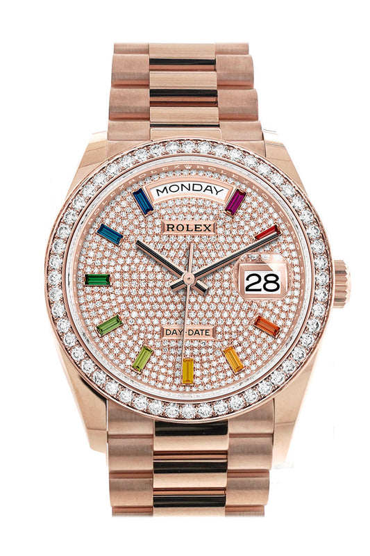 RLX Day-Date 36 Everose Diamond Bezel  Diamond Paved Rainbow Sapphire Dial President Bracelet Watch 128345RBR