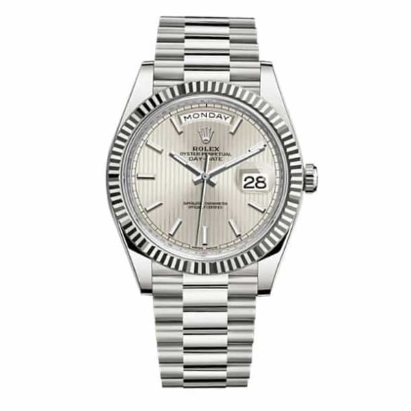 Rlx Day-Date 40 Presidential Silver dial, Fluted Bezel, President bracelet, White gold Watch