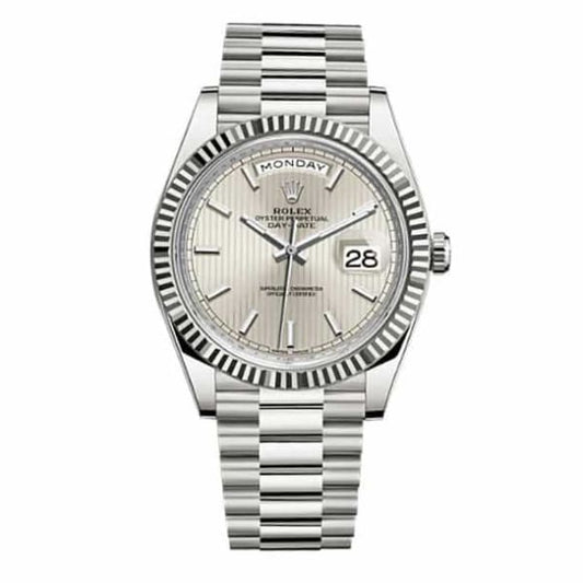 Rlx Day-Date 40 Presidential Silver dial, Fluted Bezel, President bracelet, White gold Watch