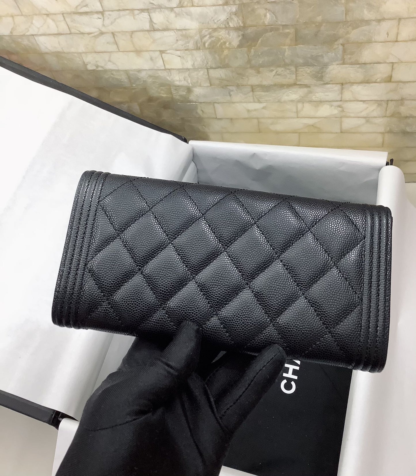 cc CO-CO Long Flap Wallet 19.5cm/7.7in Gold Hardware For Women Black