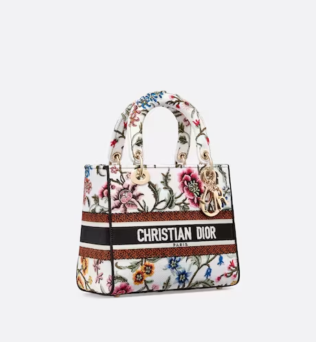 MEDIUM LADY D-LITE BAG White Multicolor D Petites Fleurs Embroidery