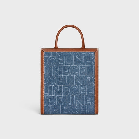 SMALL VERTICAL CABAS CE IN DENIM WITH CE ALL-OVER PRINT NAVY / TAN