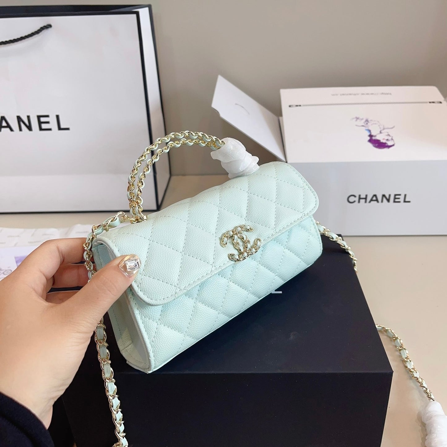 Chanel Kelly bag with top handle- Light Green
