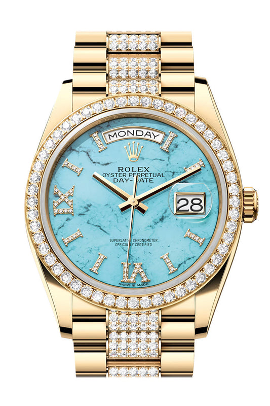 RLX Day-Date 36 Dark Turquoise Diamond Dial Gold Diamond Bezel Watch 128348RBR-0038 128348RBR