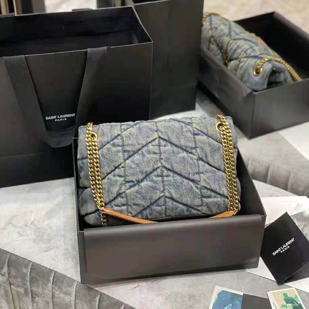 Y Puffer Small Bag in Quilted Vintage Denim and Suede