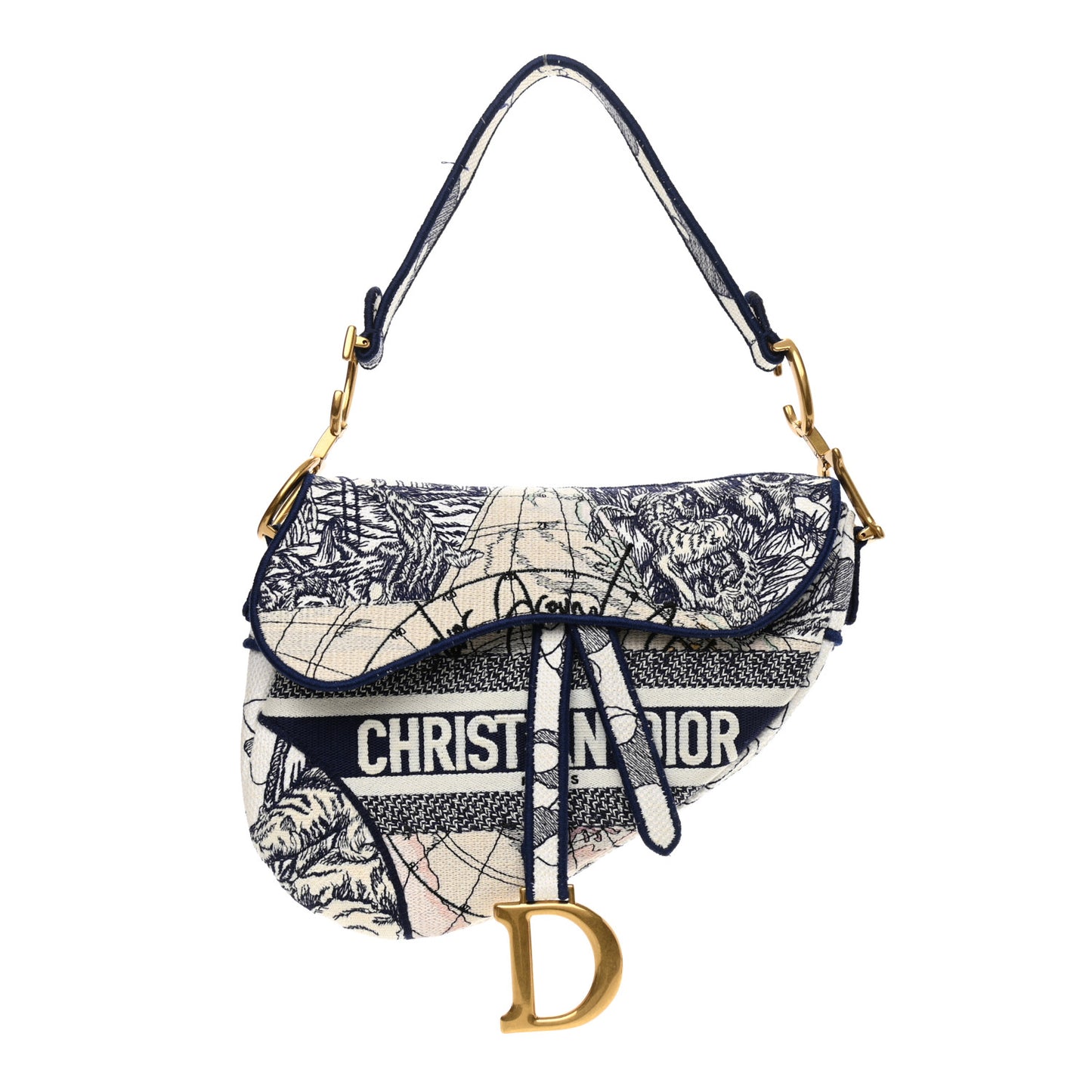 CHRISTIAN D Canvas Embroidered Around the World Saddle Bag Blue