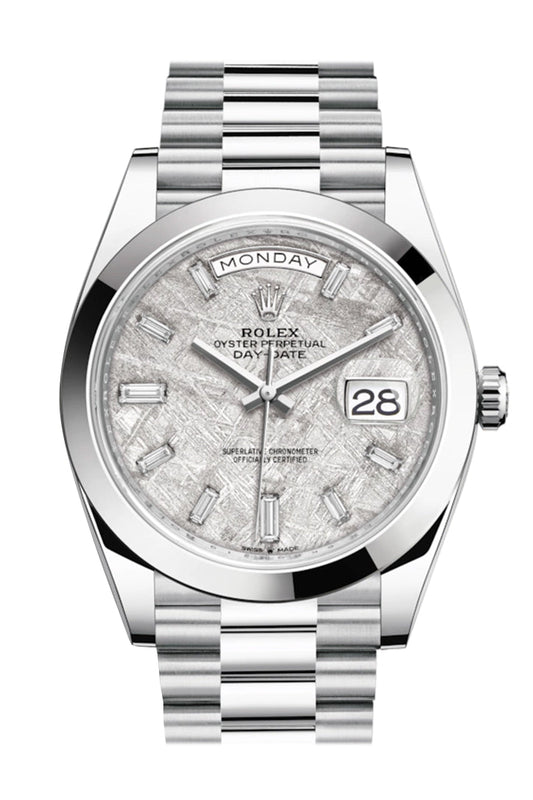 RLX Day-Date 40 Meteorite Baguette Diamond Dial Dial Dome Bezel Platinum President Automatic Men's Watch 228206
