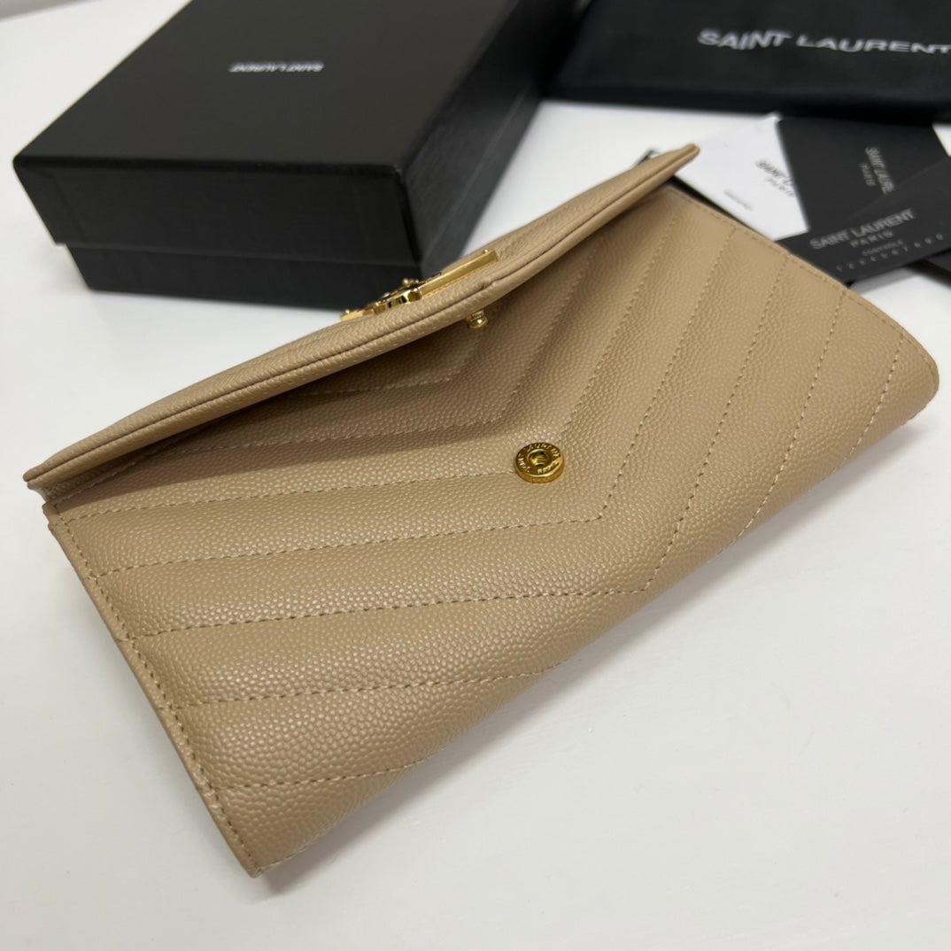 YSL Long Wallet Beige Leather Gold Tone 10772  19cm