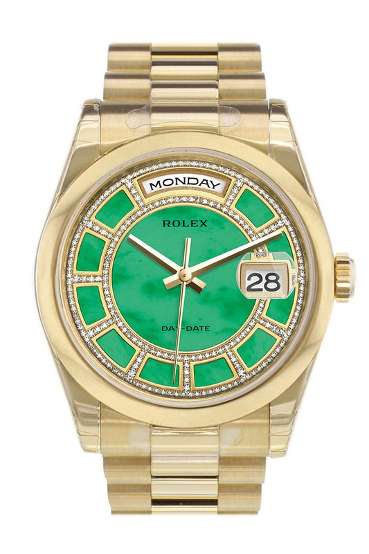 RLX Day-Date 36 Carousel Green jade Diamonds Dial President Yellow Gold Watch 118208