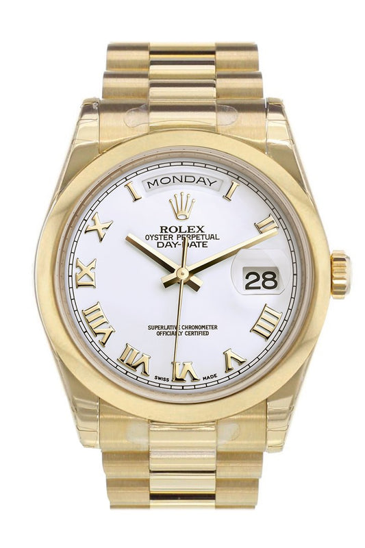 RLX Day-Date 36 White Roman Dial President Yellow Gold Watch 118208