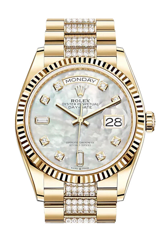 RLX Day-Date 36 White Mother-of-Pearl Diamond Dial 18K Yellow Gold Watch Diamond set president Bracelet 128238