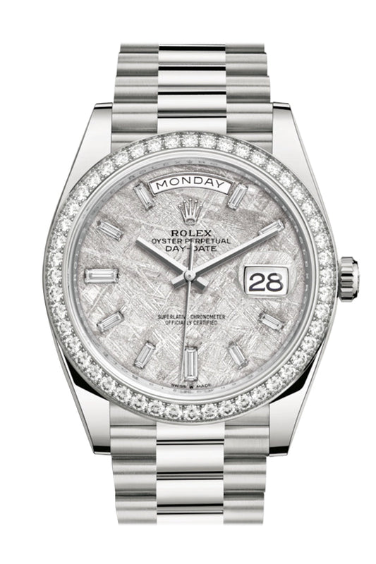 RLX Day-Date 40 Meteorite Baguette Diamond Dial Diamond Bezel White Gold President Automatic Men's Watch 228349RBR 228349
