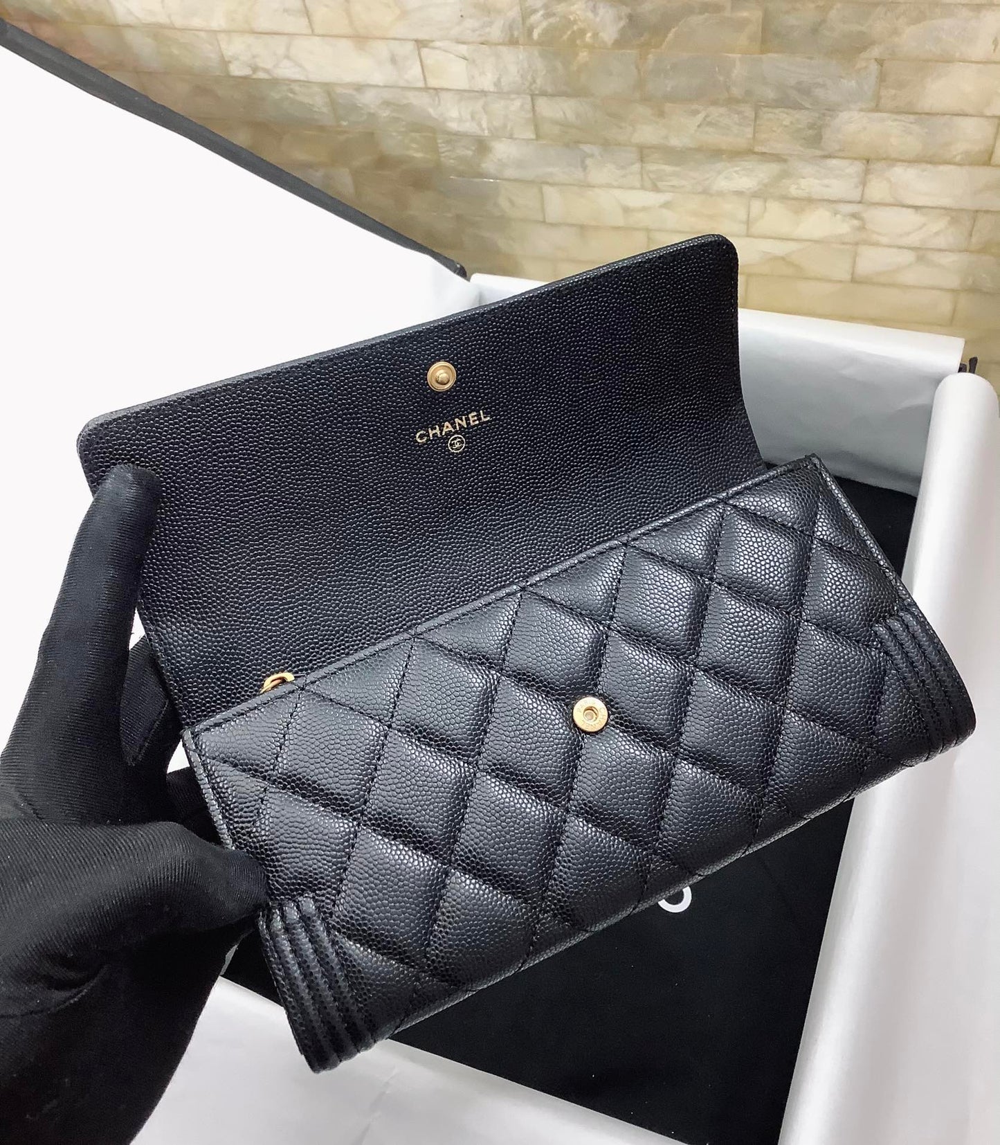 cc CO-CO Long Flap Wallet 19.5cm/7.7in Gold Hardware For Women Black