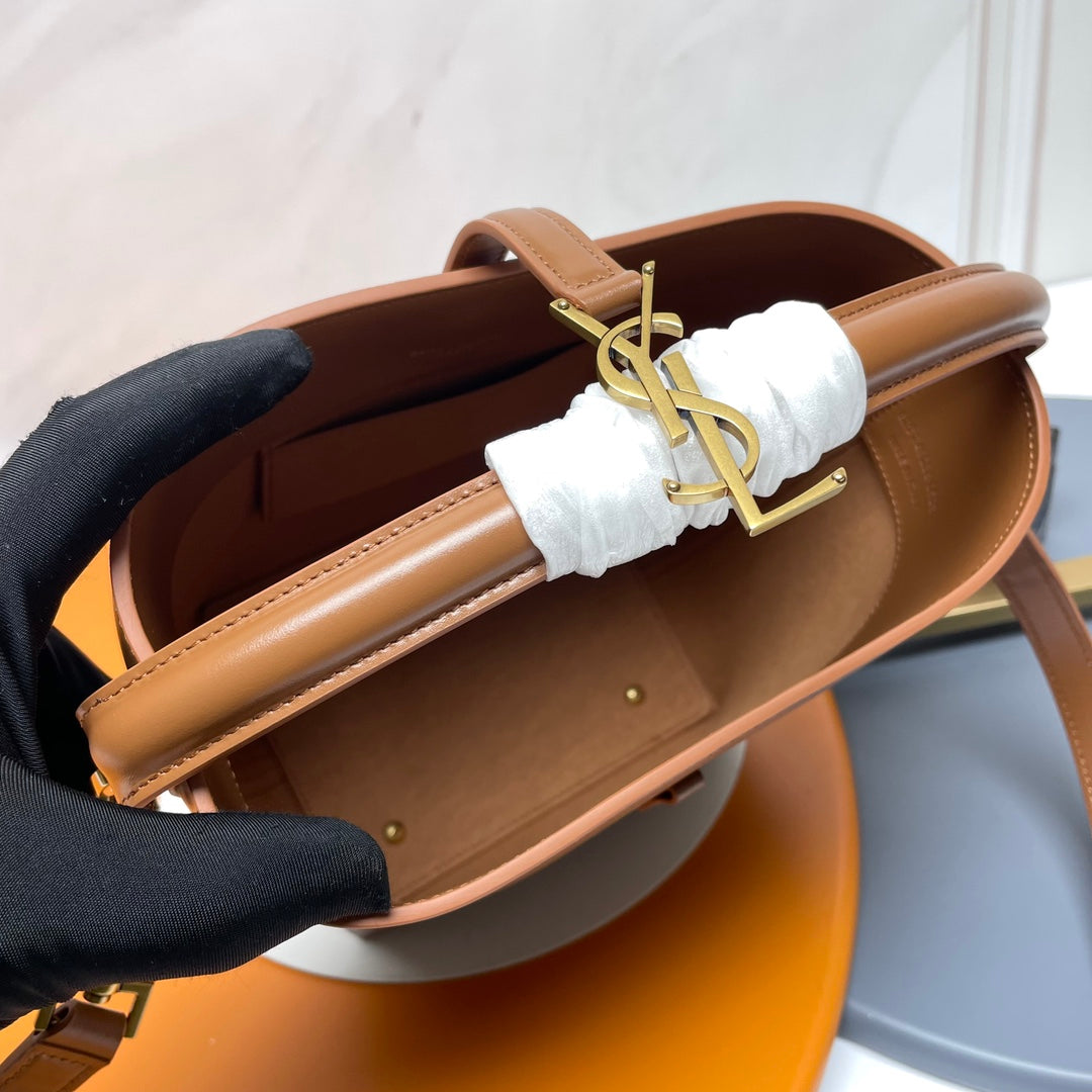 SAINT LAURENT LE 37 Mini Shiny Leather Bucket Bag Brown