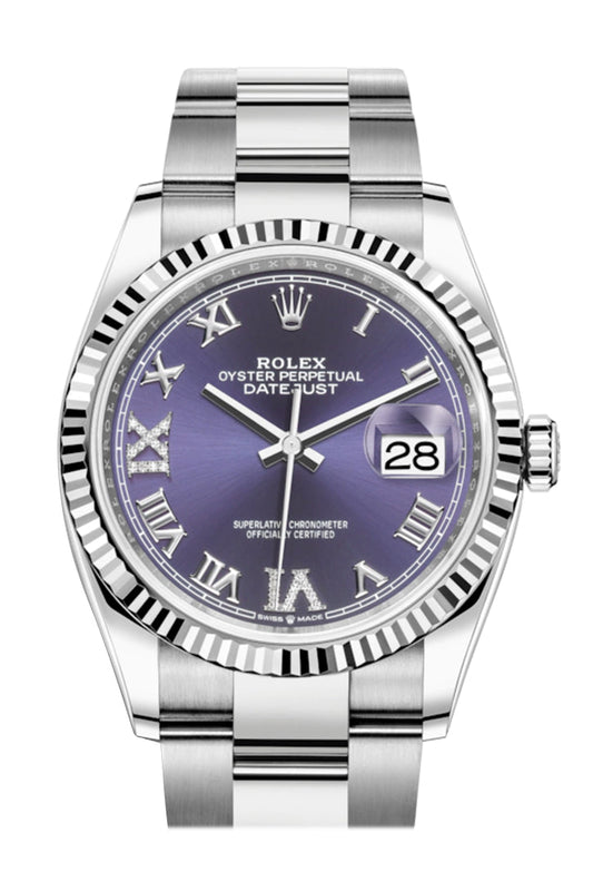 Rlx Datejust 36 Purple Roman VI and IX 24 Diamonds Dial Automatic Watch 126234
