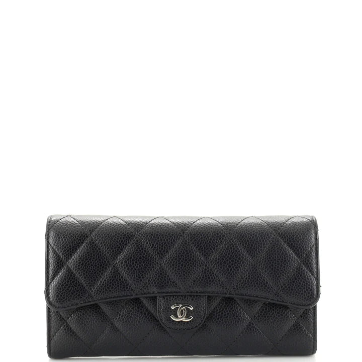 CC Gusset Classic Flap Wallet Quilted Caviar Long