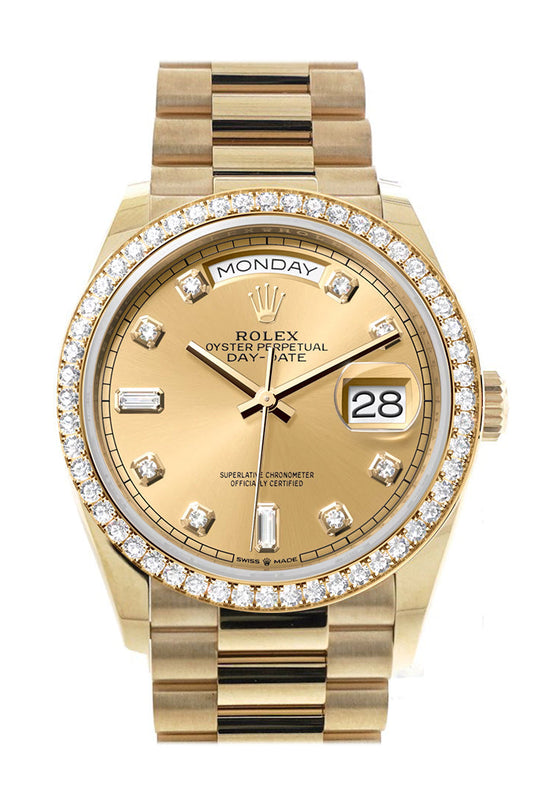 RLX Day-Date 36 Champagne Diamond Dial Gold Diamond Bezel Watch 128348RBR-0008 128348RBR