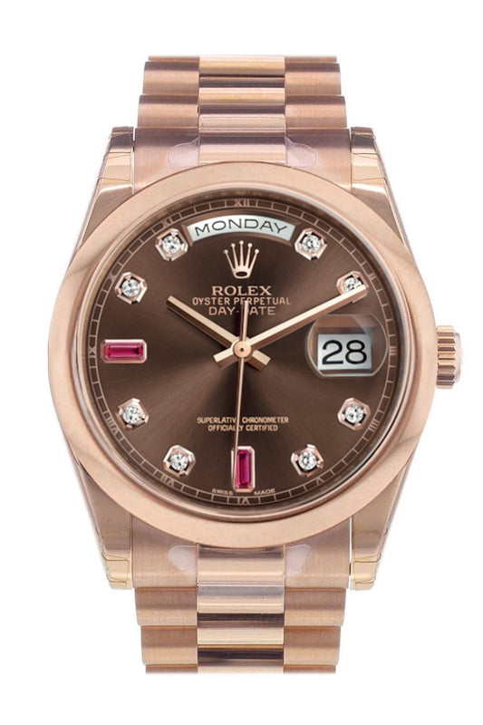RLX Day-Date 36 Chocolate Diamonds and Rubies Dial President Everose Gold Watch 118205