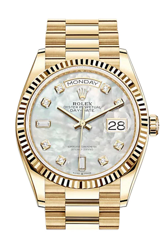 RLX Day-Date 36 White Mother of Pearl Diamond Dial 18K Yellow Gold Watch 128238